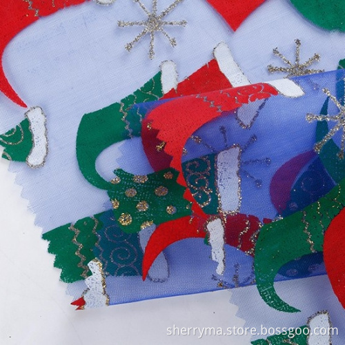 100 Nylon santa claus pattern printed flores de tela metallic organza christmas fabric for garment